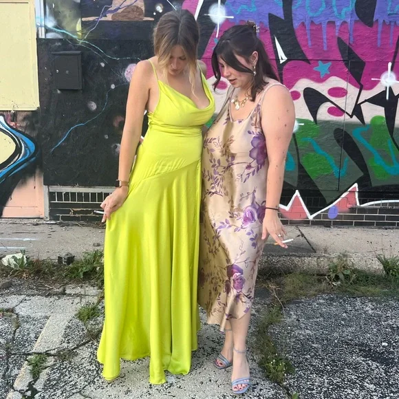 lime green cowl neck dress Off-the-Shoulder Cowl-Neck Satin Prom Dress with Slit Sage / 2 main image 0